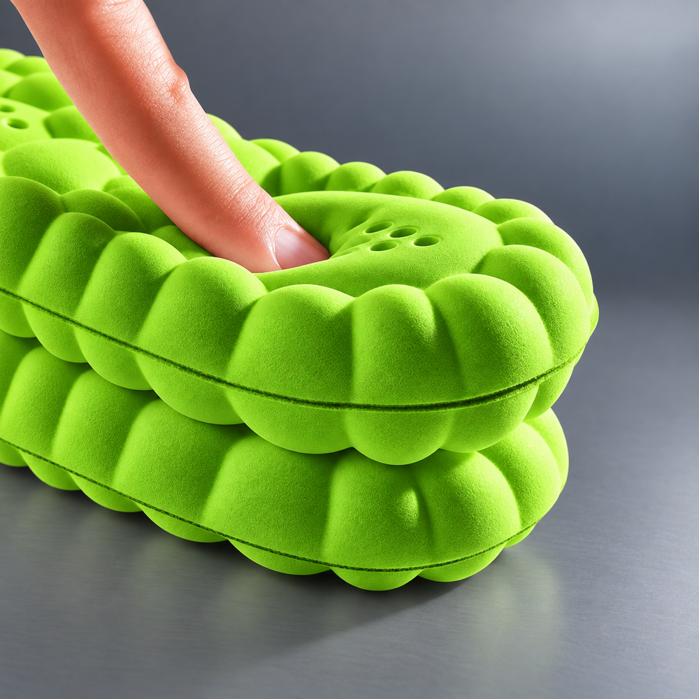 A finger pressing into the soft green foam of the insole