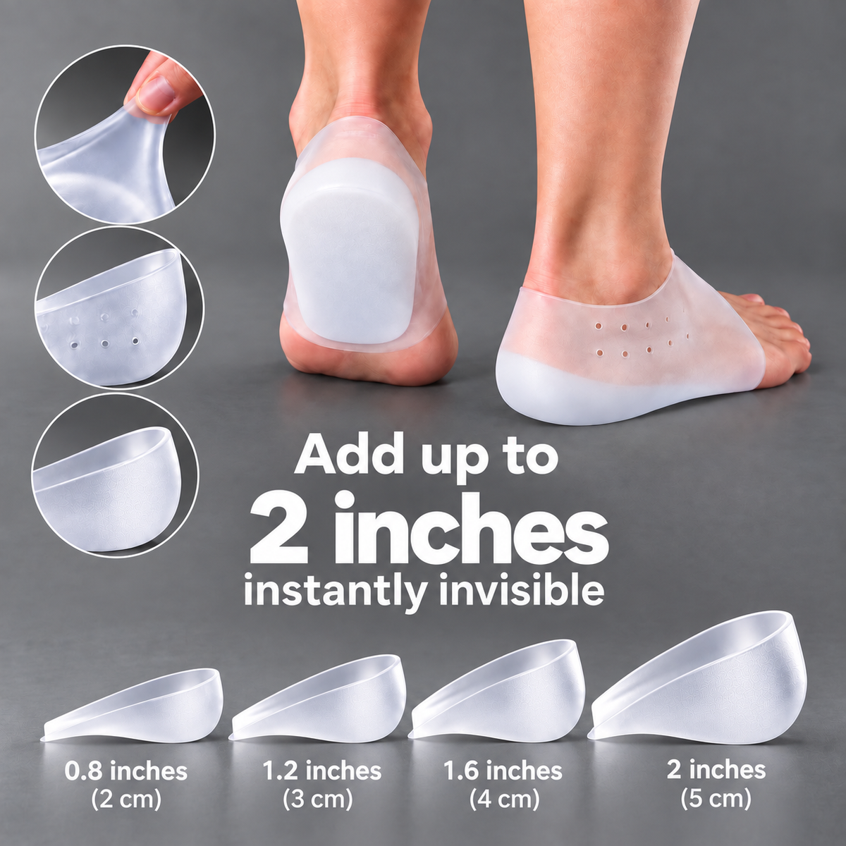 ElevStep Stealth silicone heel lift, adds up to 2 inches, invisible under a sock